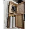 Image 2 : 2 ANTIQUE HARD SMALL SUITCASES WITH VINTAGES THERMOS' AND ELECTRIC WALL BELL