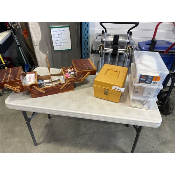 3 SMALL TOTES AND 2 CONTAINERS FULL OF SEWING SUPPLIES. INCLUDES VINTAGE BOX.
