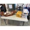 Image 1 : 3 SMALL TOTES AND 2 CONTAINERS FULL OF SEWING SUPPLIES. INCLUDES VINTAGE BOX.
