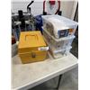 Image 3 : 3 SMALL TOTES AND 2 CONTAINERS FULL OF SEWING SUPPLIES. INCLUDES VINTAGE BOX.