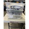 Image 4 : 3 SMALL TOTES AND 2 CONTAINERS FULL OF SEWING SUPPLIES. INCLUDES VINTAGE BOX.