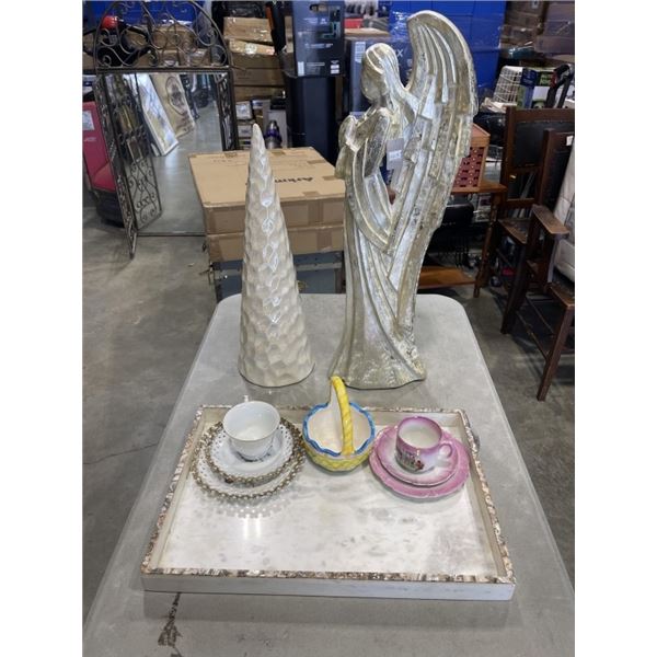 DECORATE MARBLE TRAY WITH COLLECTABLE CHINA AND 24" ANGEL FIGURE