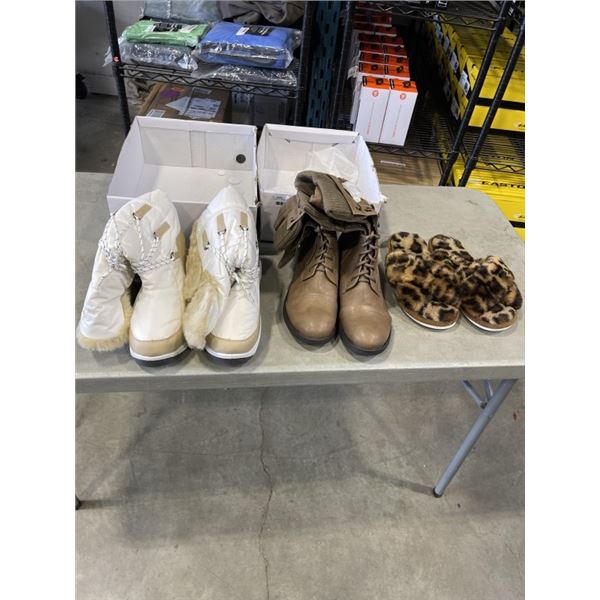2 PAIRS OF WOMENS BOOTS AND PAIR OF SLIPPERS SIZE 10