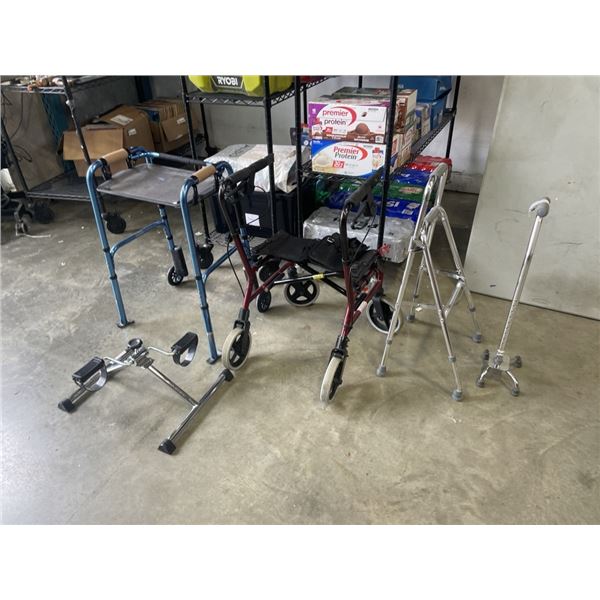 3 WALKERS, SELF STANDING CANE, AND PEDAL EXERCISER