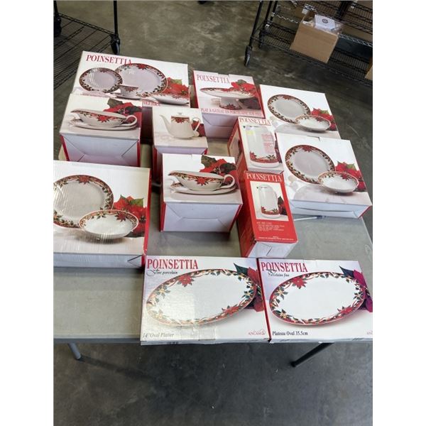 LARGE COLLECTION OF NEW POINSETTIA CHRISTMAS DINNERWARE