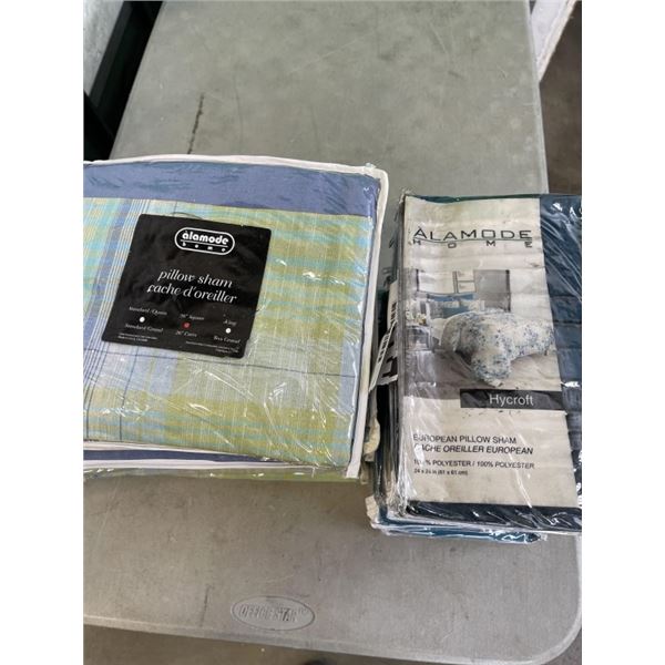 ASSORTED NEW DECORATE PILLOW SHAMS. SIZES 24 INCH SQUARE AND 26 INCH SQUARE