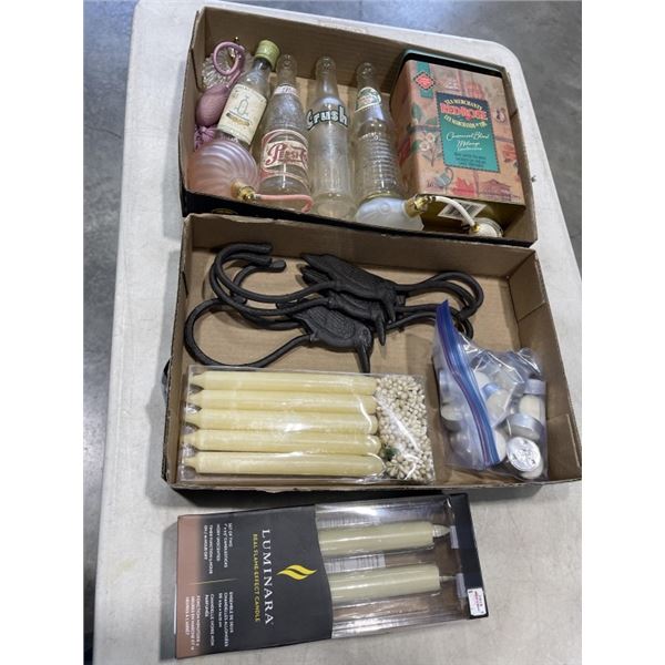 ASSORTED ANTIQUE COLLECTIBLES INCLDUING CAST IRON HOOKS, CANDLES, BOTTLES ETC