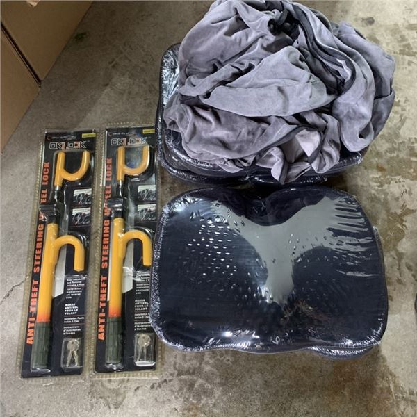 FIVE NEW HIGH DENSITY MEMORY FOAM CUSHIONS AND TWO AUTOMOTIVE CLUBS ANTI-THEFT DEVICES