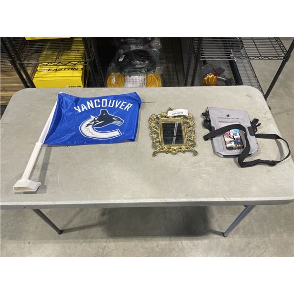 SMALL VINTAGE BRASS MIRROR AND CANUCKS FLAG AND HOLLAND AMERICA LINE WATERPROOF PHONE BAG
