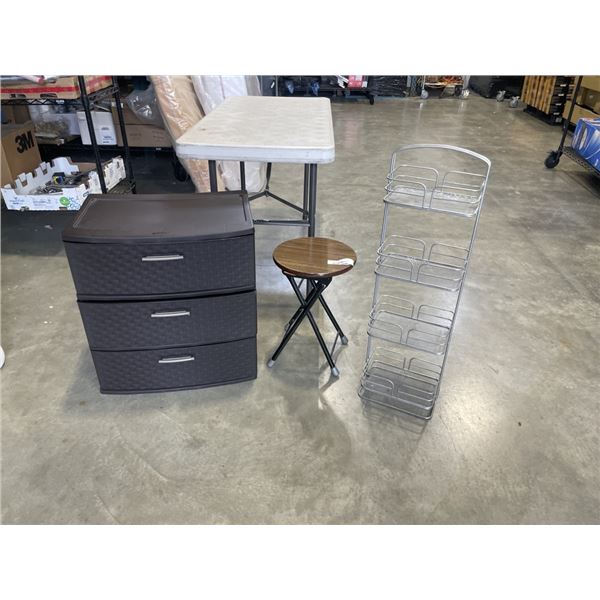 3 PLASTIC ORGANIZER, METAL BATHROOM SHELF, AND FOLDING STOOL