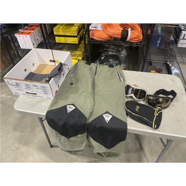 TWO SKI GOGGLES, SKI PANTS, AND NORTH FACE SKI GLOVES