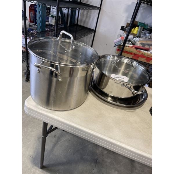 2 LARGE STAINLESS POTS W/ LIDS AND STAINLESS TRAY