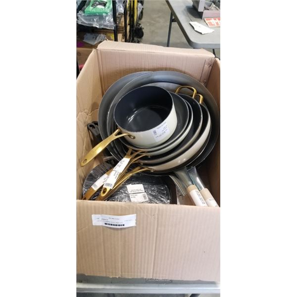 LOT OF COOKWARE POTS, PANS ETC GREEN PAN AND WOKS
