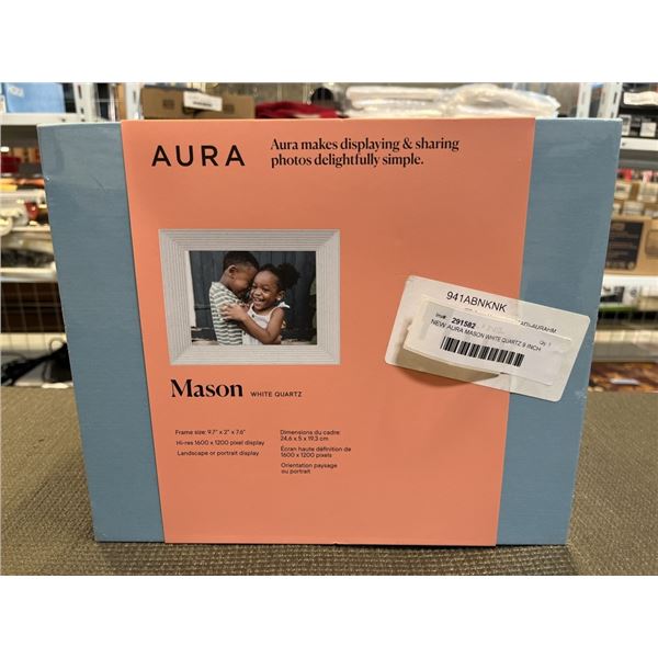 NEW AURA MASON WHITE QUARTZ 9 INCH DIGITAL PHOTO FRAME, HI-RES DISPLAY, PHONE TO SCREEN EASY SET UP,