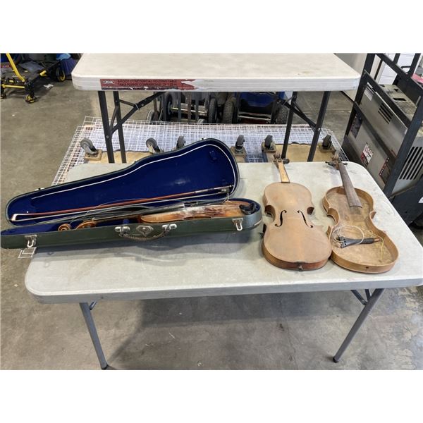 ANTONIO STRATOVARIUS VIOLIN COPY AND TWO ANTIQUE AS FOUND VIOLINS
