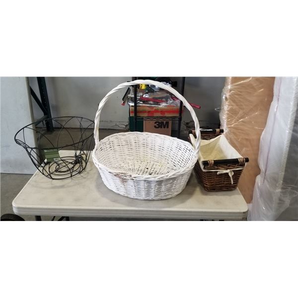 2 WICKER AND 1 METAL BASKETS - 1 APPROX  24" x 18"
