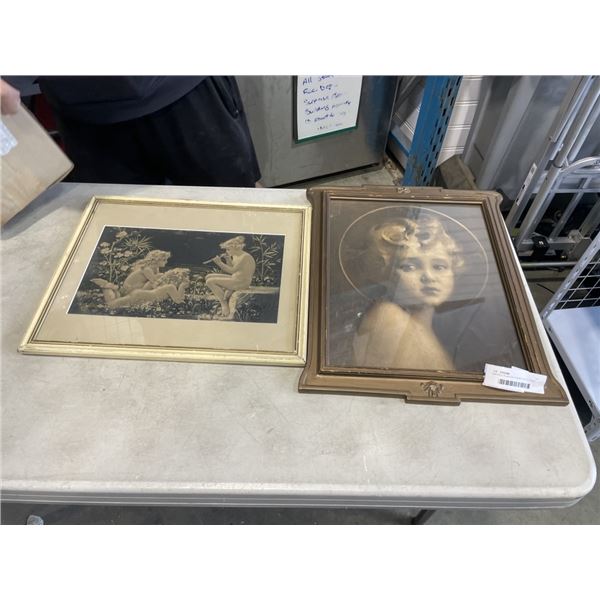VINTAGE PLASTER FRAMED YOUTH PRINT AND FRAMED 'SILK' CHERUBS PICTURE