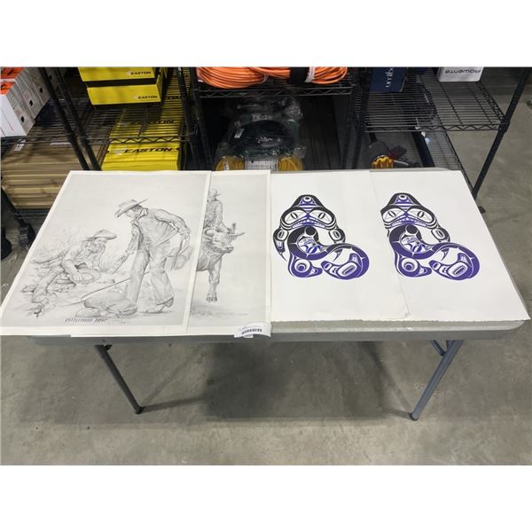 4 PRINTS. 2 PRINTS OF COWBOYS, 2 PRINTS OF NATIVE AMERICAN ART