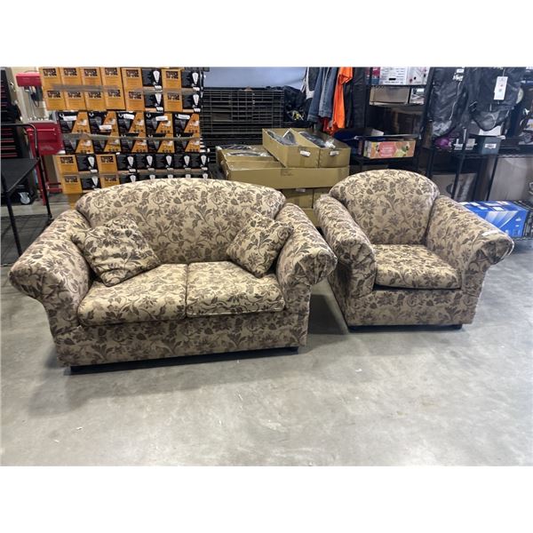 BROWN LOVESEAT AND CHAIR