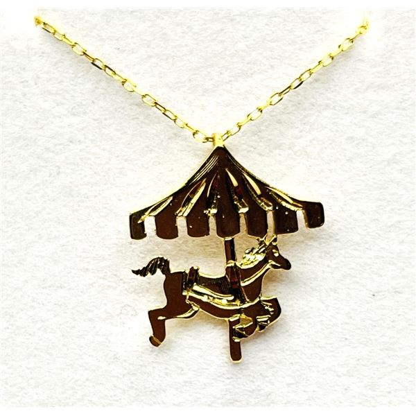 14KT GOLD PLATED STERLING SILVER MERRY GO ROUND CAROUSEL PENDANT WITH GOLD PLATED STERLING SILVER CH