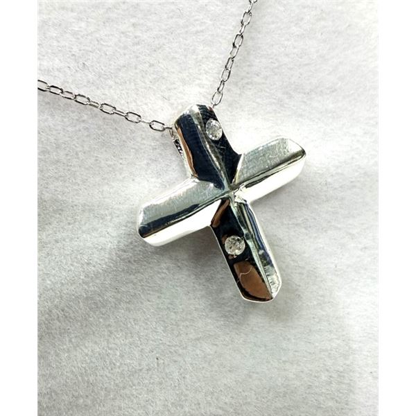 STERLING SILVER CZ CROSS PENDANT WITH STERLING SILVER CHAIN, RETAIL $300.00.