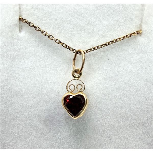 14KT YELLOW GOLD NATURAL GARNET HEART SHAPE PENDANT WITH GOLD PLATED STERLING SILVER CHAIN, RETAIL $