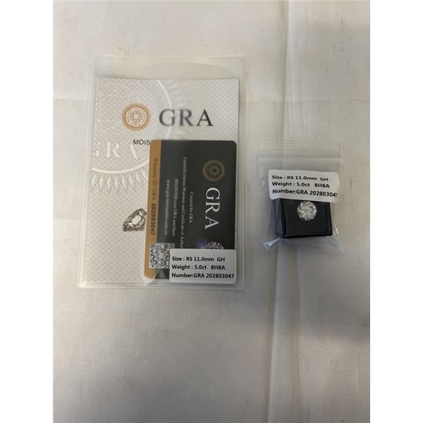 NEW 5.0 CARAT MOISSANITE STONE, ROUND BRILLIANT CUT, GH-VVS1, GRA REPORT, TESTS POSITIVE W/ DIAMOND 