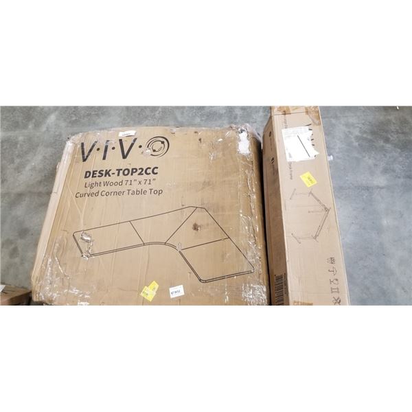 VIVO LIGHT WOOD 71"X 71" CURVED CORNER TABLE TOP AND VIVO WHITE LARGE ELCTRIC DUAL CONER DESK FRAME