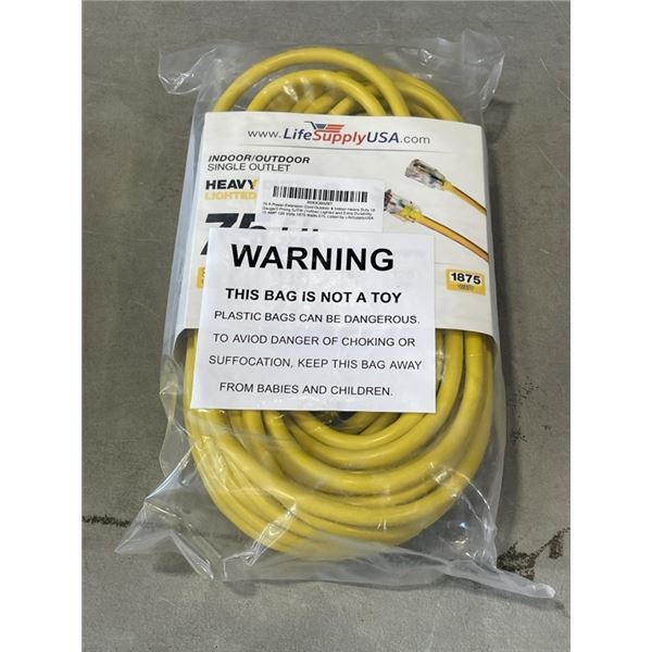 INDOOR/OUTDOOR SINGLE OUTLET HEAVY DUTY 75FT 12AWG YELLOW EXTENSION CORD
