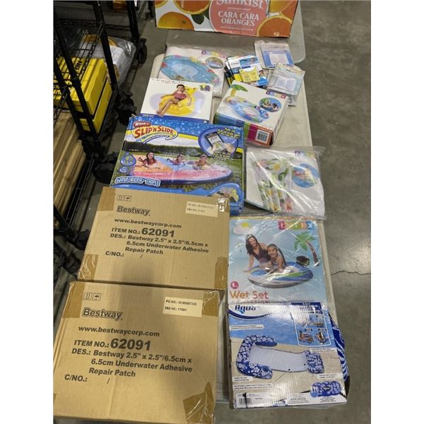 BOX OF ASSORTED POOLFLOATIES, PATCH KITS, ETC