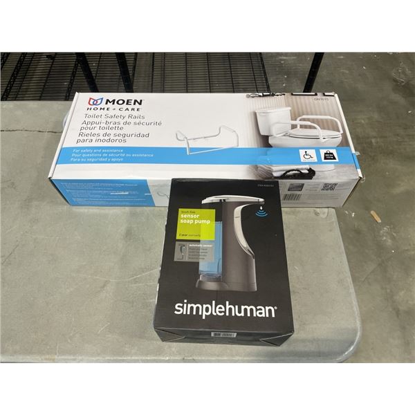 SIMPLE HUMAN SENSOR SOAP PUMP AND MOEN TOILET SAFETY RAILS