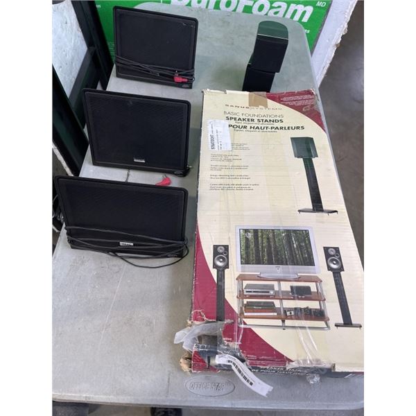 SANUS SPEAKER STANDS WITH 3 TEAC SPEAKERS AND 1 NO NAME SPEAKER