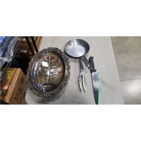 SHEFFIELD 7537 SILVER PLATED PLATTER, DEBUYER 8 INCH SKILLET, VICTORINOX KNIFE, AND POULTRY SHEARS