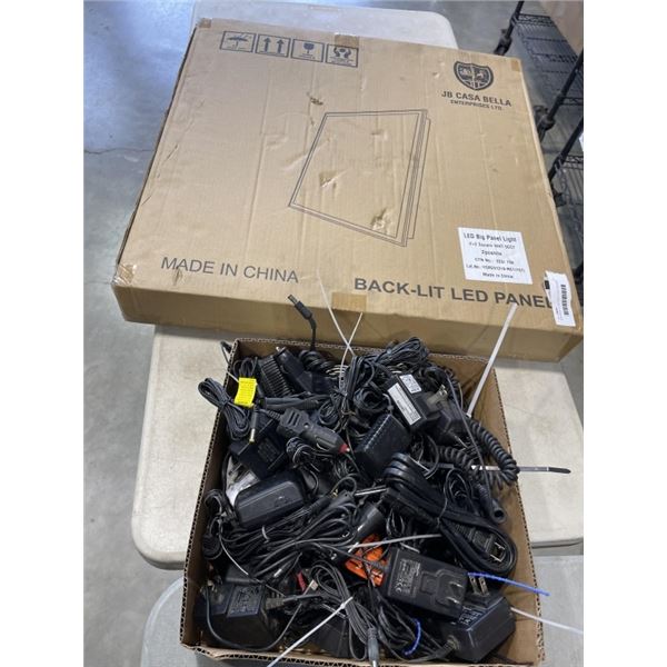 NEW BACKLIT LED PANEL LIGHT AND BOX OF ASSORTED POWER CORDS