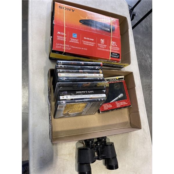 DVD PLAYER AND ASSORTED DVDS AND VINTAGE 8X40 CELEBRITY BINOCULARS