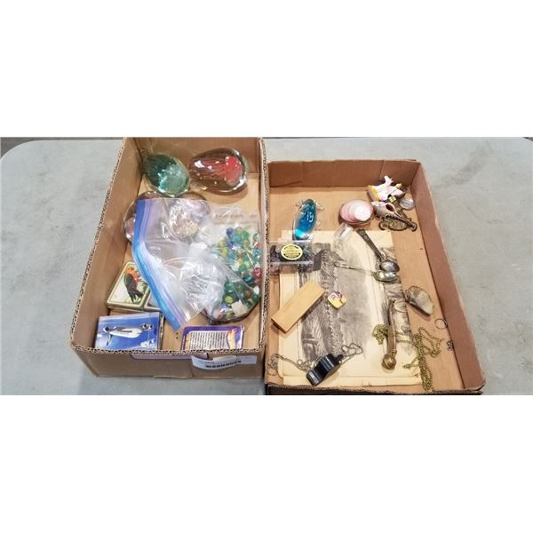 2 TRAYS OF ANTIQUE COLLECTIBLES INCLUDING PAPOER WORKS, ART GLASS AND MORE