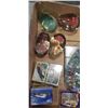 Image 3 : 2 TRAYS OF ANTIQUE COLLECTIBLES INCLUDING PAPOER WORKS, ART GLASS AND MORE