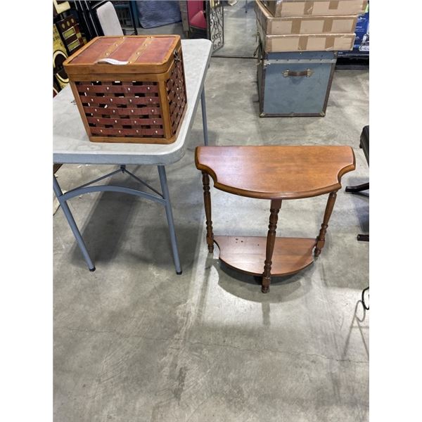 ANTIQUE D TABLE AND WOODEN BASKET
