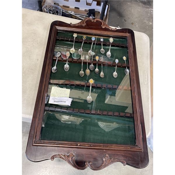 ANTIQUE COLLECTOR SPOONS IN WOODEN DISPLAY CASE