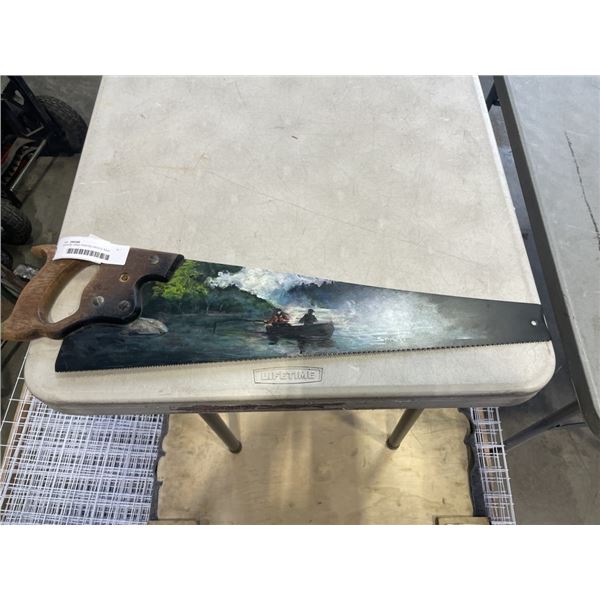 VINTAGE HAND PAINTED WOOD SAW, FISHING SCENE BY 'SANDI"