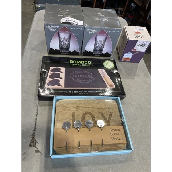 2 SETS NEW CRYSTAL GLASSES AND NEW SERVING ITEMS