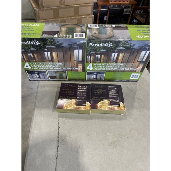 2 SETS OF 4 SOLAR LED ACCENT LIGHTS AND 2 BOXES OF MICRODOT LED STRING LIGHTS