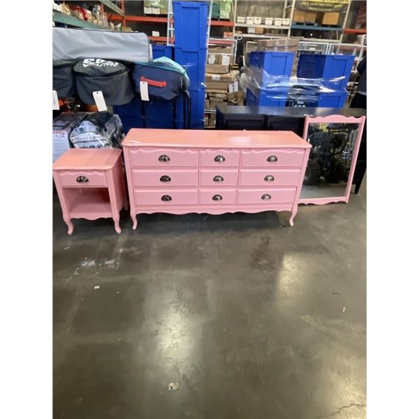 PINK FRENCH PROVINCIAL DRESSER WITH MIRROR AND SIDE TABLE