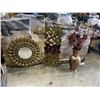 Image 1 : BRASS LOOK WALL ART AND MIRROR, AND VASE W/ DECORATIVE FLORALS