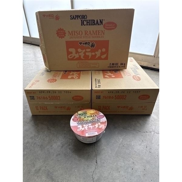 3 NEW CASES OF SAPPORO ICHIBAN MISO RAMEN JAPANESE STYLE NOODLE BOWLS, 12 PER BOX, 36 TOTAL BB. APRI