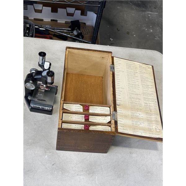 MICROSCOPE WITH SLIDES + MINERAL SAMPLES IN BOX. ANTIQUE