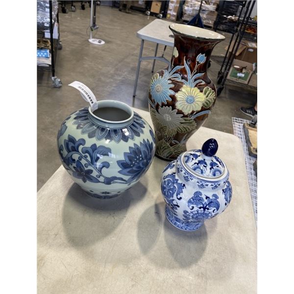 3 EASTERN VASES, ONE IS LIDDED