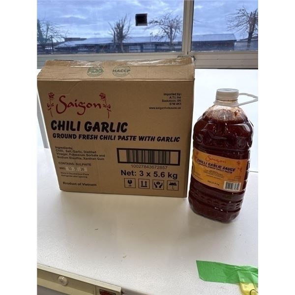 NEW CASE OF SAIGON CHILLI GARLIC SAUCE, 3 X 5.6KG JUGS, BB 10.31.2026