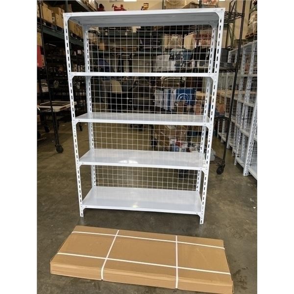 NEW WHITE METAL SHELVING UNIT WITH REAR CAGE BACKING 48" WIDE, 70 INCH TALL, 16 INCH DEEP, 5 TIER