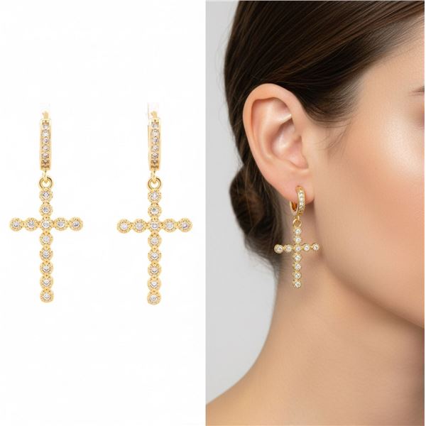 18kt Gold Layered Oro Laminado Dangle Cross Earrin